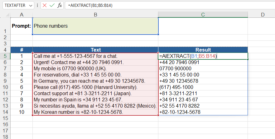 Example of using the AIEXTRACT() function