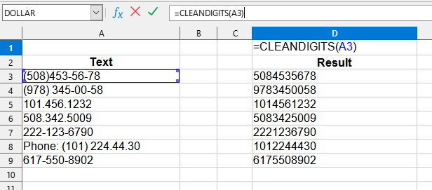 CLEANDIGITS formula usage