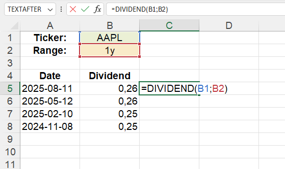 Example of using the DIVIDEND() function
