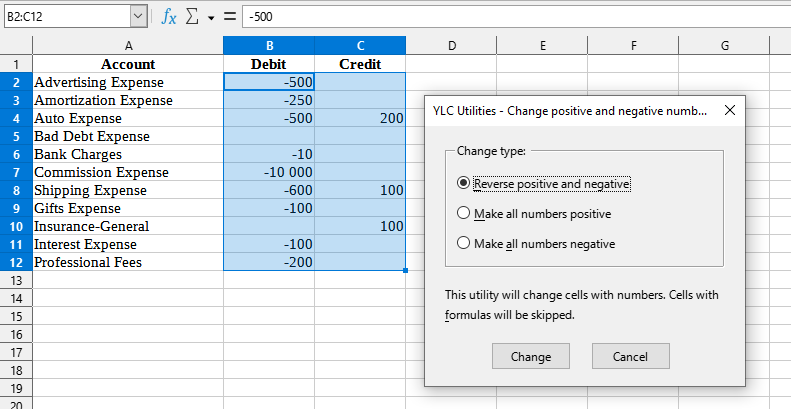 Number & Date > Change negative numbers to positive and vice versa...