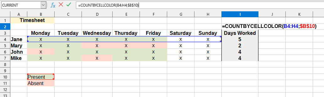 Utilisation de la formule COUNTBYCELLCOLOR