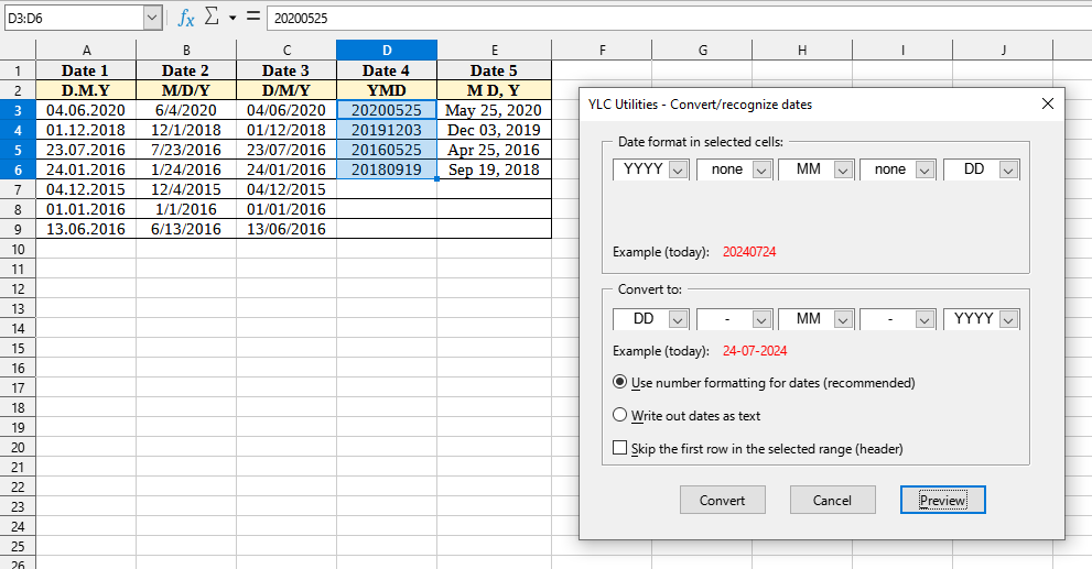 Number & Date > Convert/recognize dates...