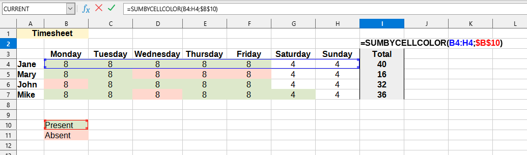 SUMBYCELLCOLOR function usage