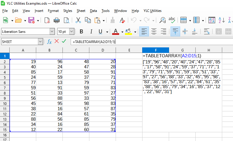 TABLETOARRAY सूत्र उपयोग