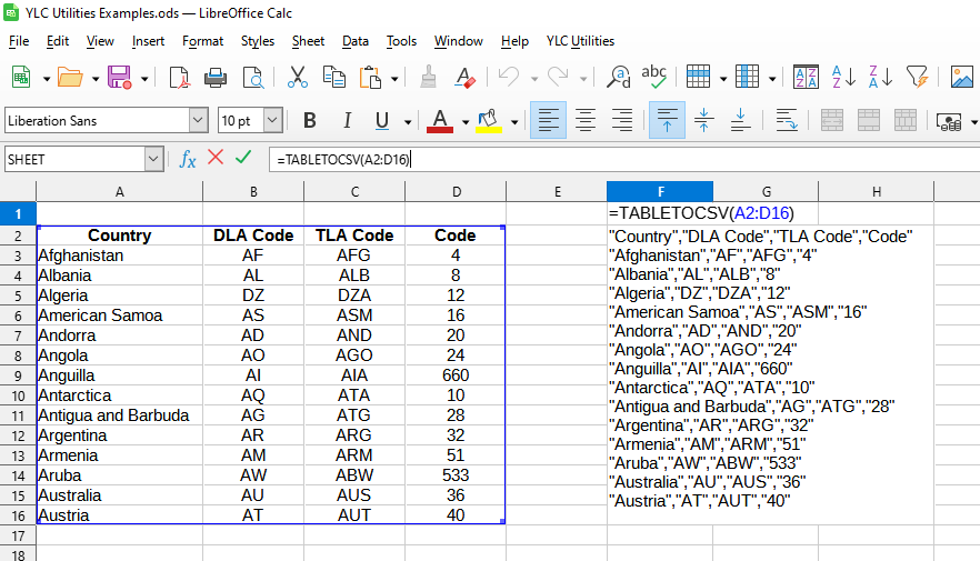 TABLETOCSV 수식 사용법