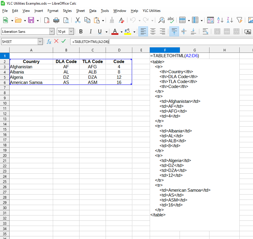 Utilisation de la formule TABLETOHTML