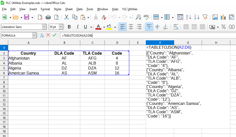 Utilizzo della formula TABLETOJSON