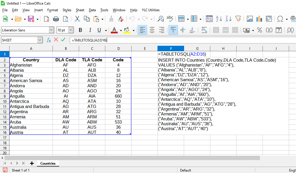 Utilisation de la formule TABLETOSQL