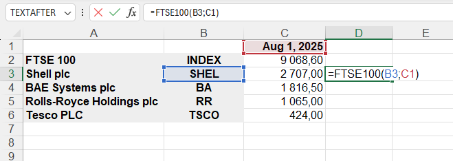 Example of using the FTSE100() function