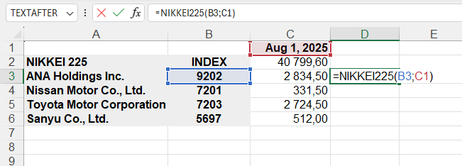 Example of using the NIKKEI225() function